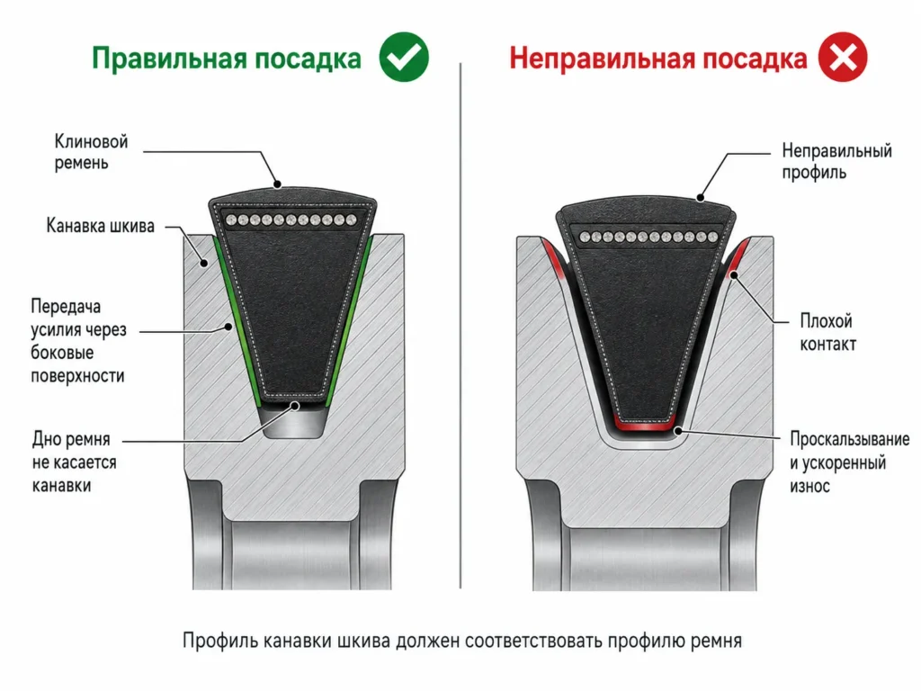 Схема посадки клинового ремня в канавке шкива